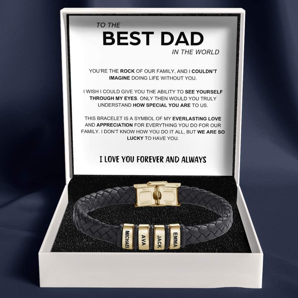 Best Dad in The World – Braided Black Leather Bracelet with Engraved Name Beads