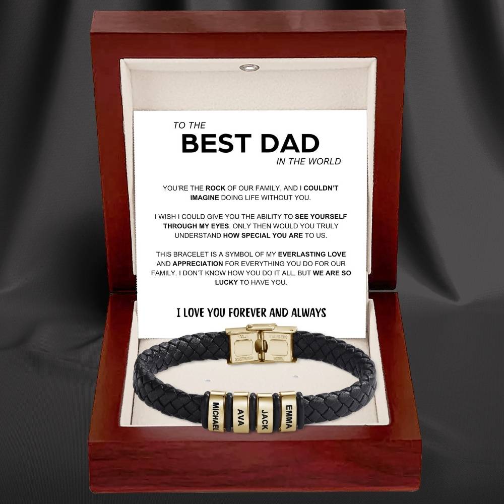 Best Dad in The World – Braided Black Leather Bracelet with Engraved Name Beads