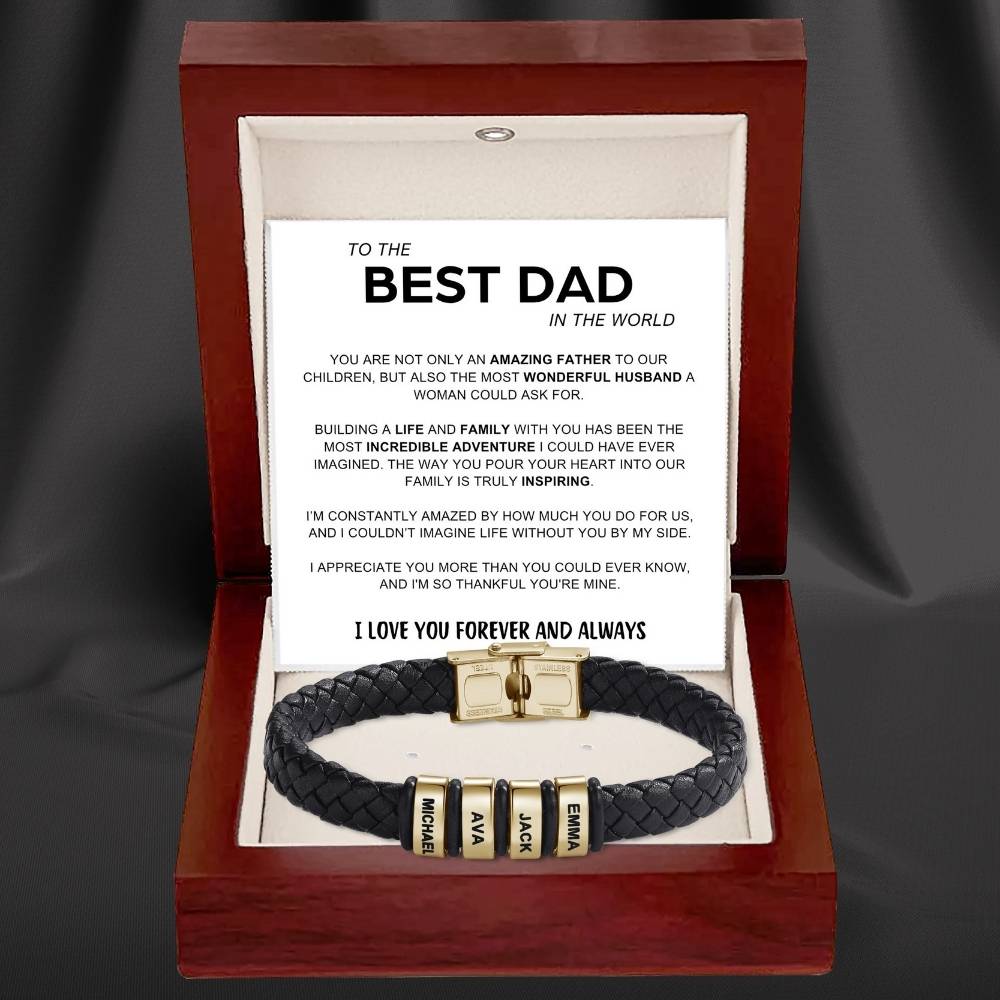 Best Dad in The World – Braided Black Leather Bracelet with Engraved Name Beads