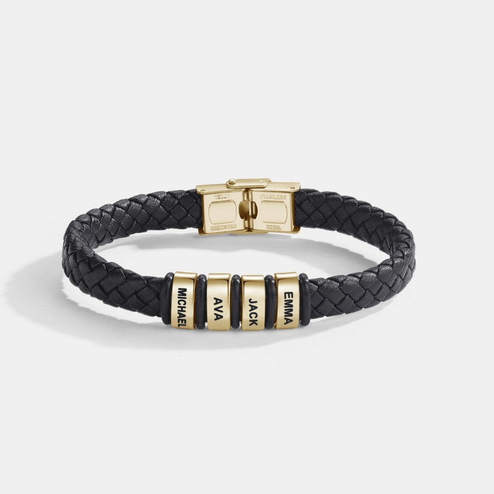 Best Dad in The World – Braided Black Leather Bracelet with Engraved Name Beads
