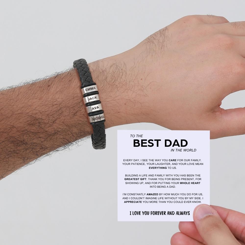 Best Dad in The World – Braided Black Leather Bracelet with Engraved Name Beads