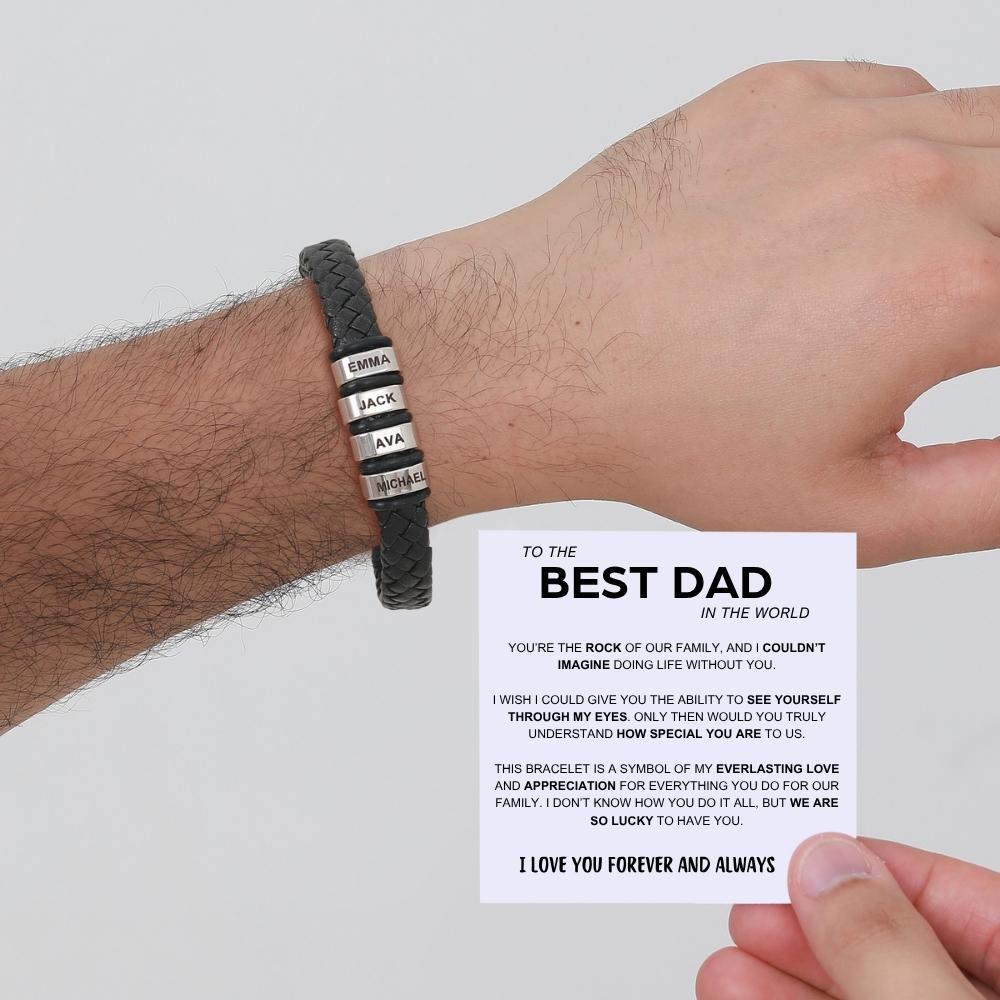 Best Dad in The World – Braided Black Leather Bracelet with Engraved Name Beads