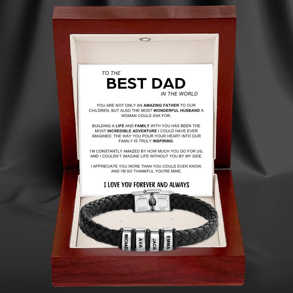 Best Dad in The World – Braided Black Leather Bracelet with Engraved Name Beads