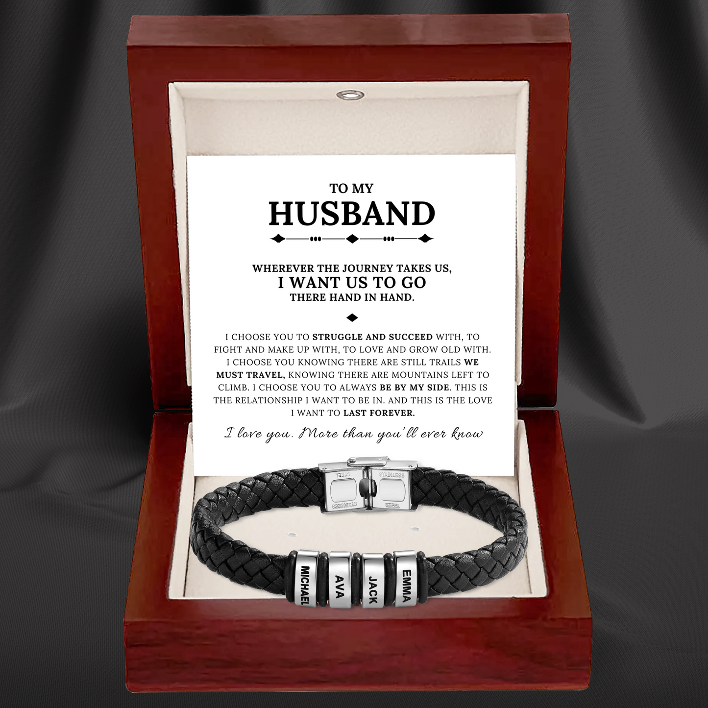 To My Husband – Braided Black Leather Bracelet with Engraved Name Beads