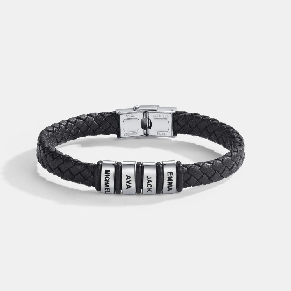 Best Dad in The World – Braided Black Leather Bracelet with Engraved Name Beads