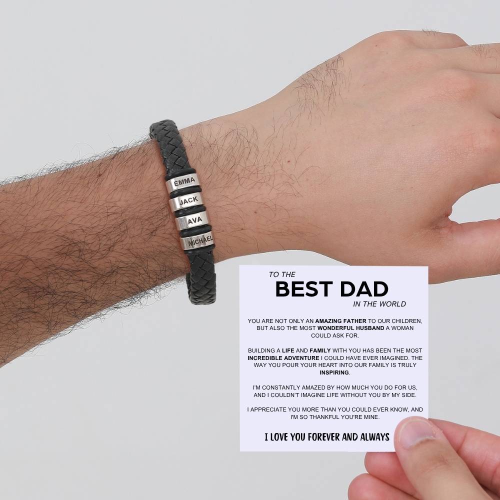 Best Dad in The World – Braided Black Leather Bracelet with Engraved Name Beads