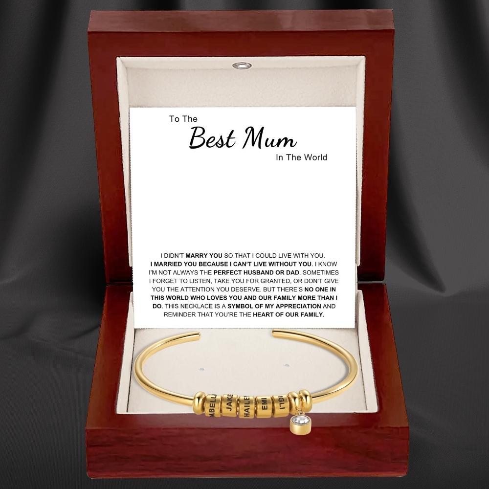 Best Mum In The World - Open Bangle Bracelet with Personalised Name Beads