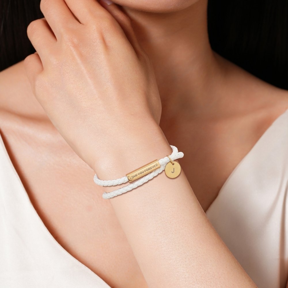 Engraved Leather Bar Bracelet with Initial Charm