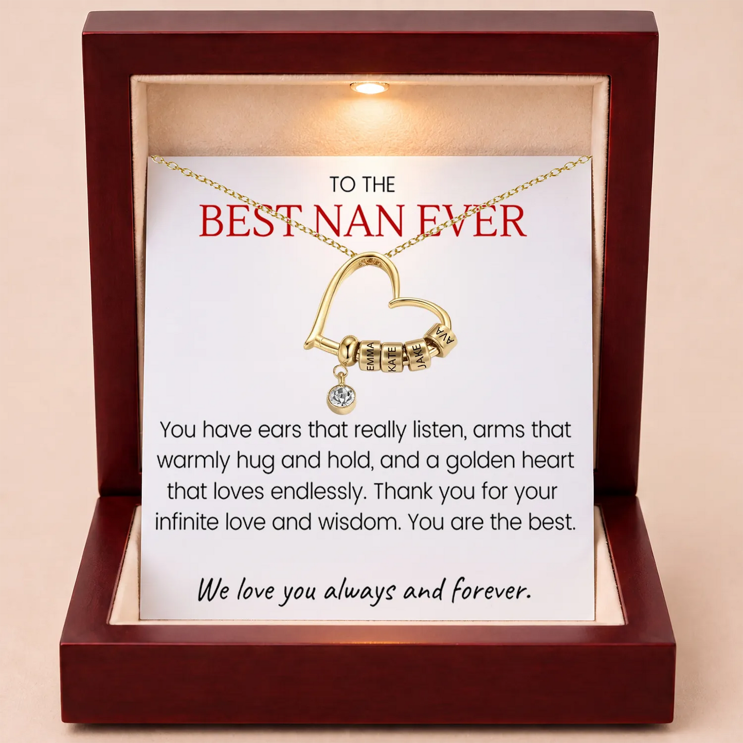 Charming Heart Engraved-Bead Necklace for Grandma