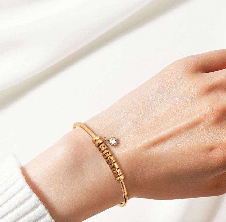 Best Mum In The World - Open Bangle Bracelet with Personalised Name Beads