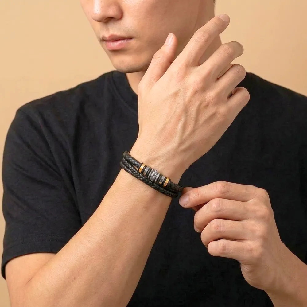Braided Leather Bracelet Engraved for Son