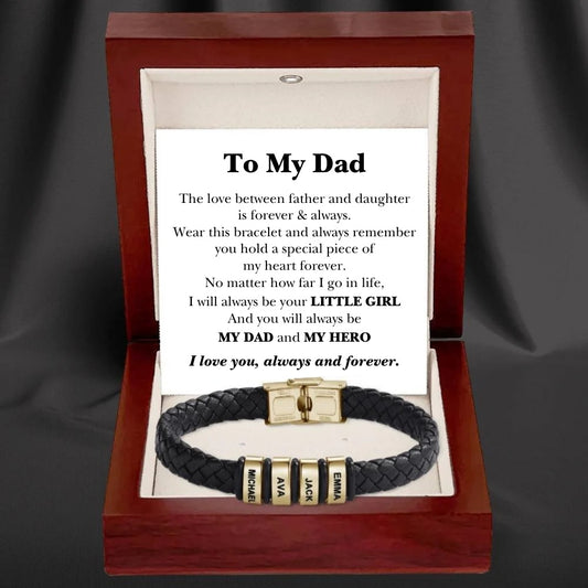Best Dad in The World – Braided Black Leather Bracelet with Engraved Name Beads