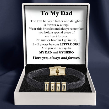 Best Dad in The World – Braided Black Leather Bracelet with Engraved Name Beads