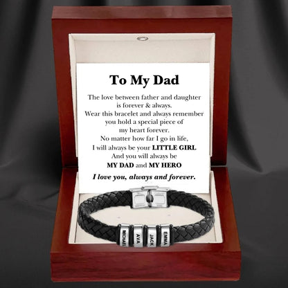 Best Dad in The World – Braided Black Leather Bracelet with Engraved Name Beads