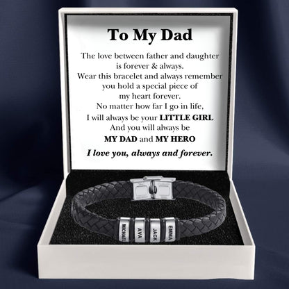 Best Dad in The World – Braided Black Leather Bracelet with Engraved Name Beads