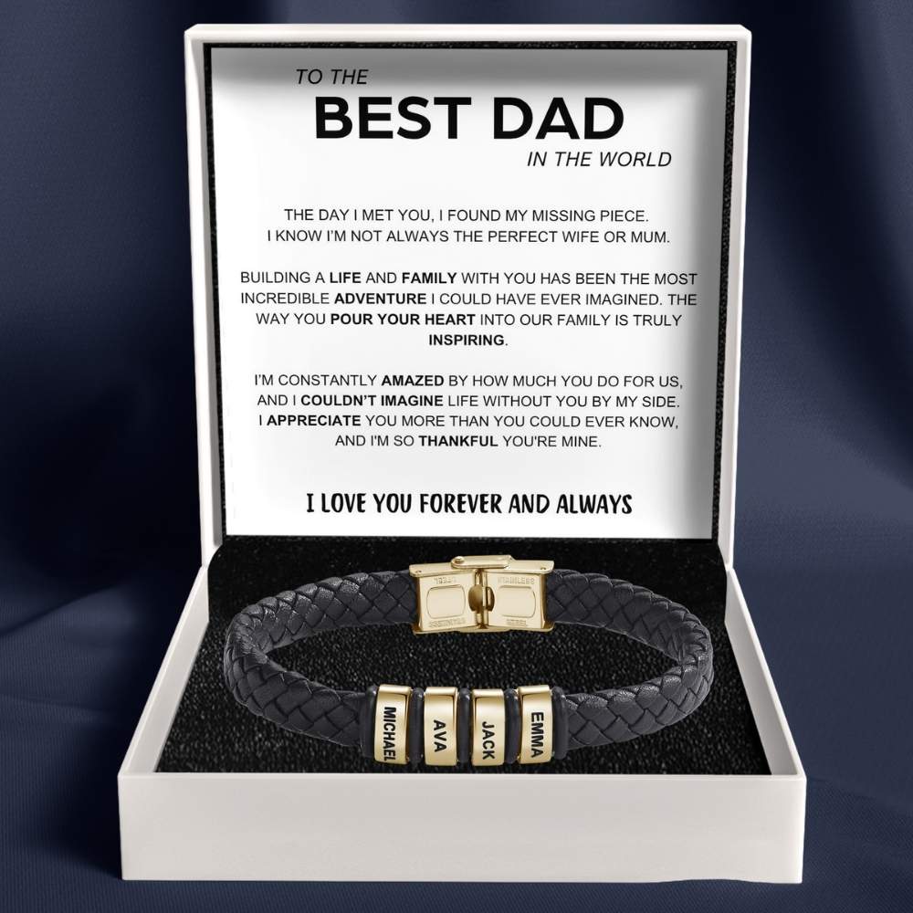 Best Dad in The World – Braided Black Leather Bracelet with Engraved Name Beads