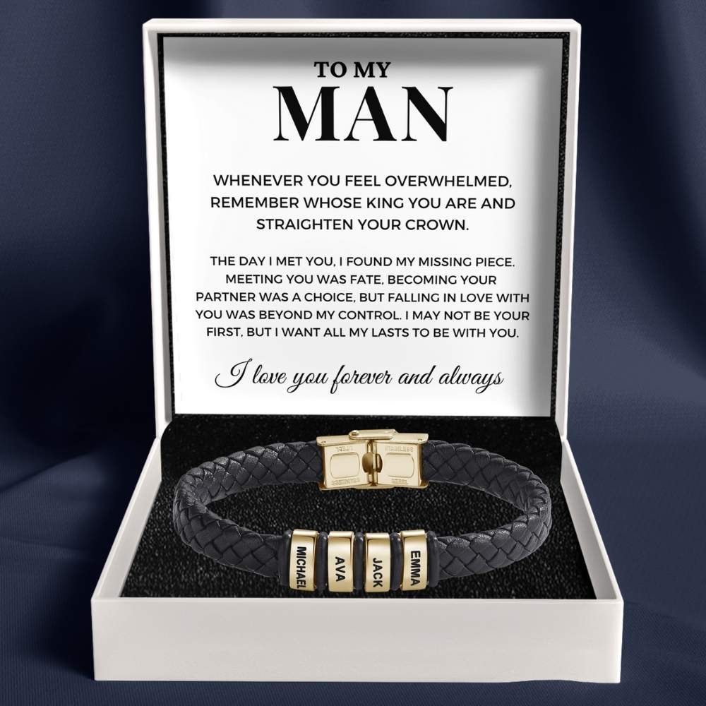 To My Man – Braided Black Leather Bracelet with Engraved Name Beads