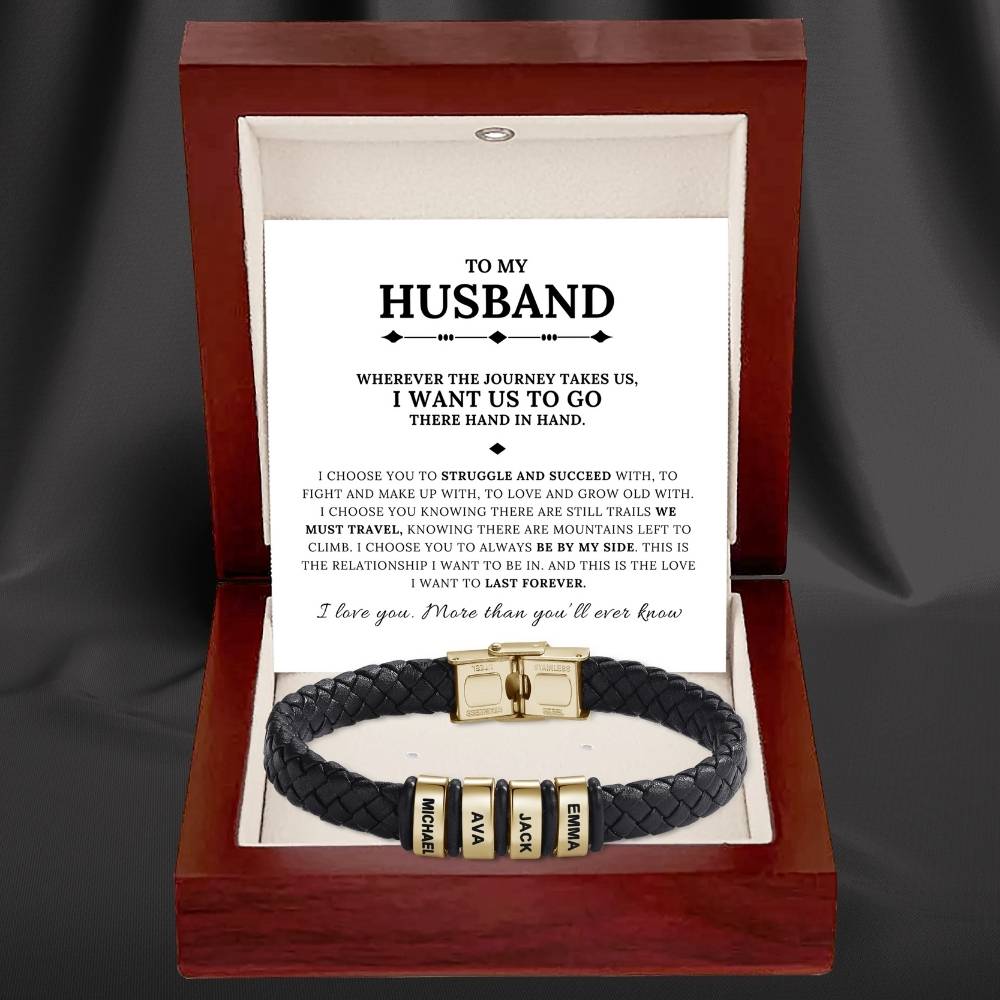 To My Husband – Braided Black Leather Bracelet with Engraved Name Beads