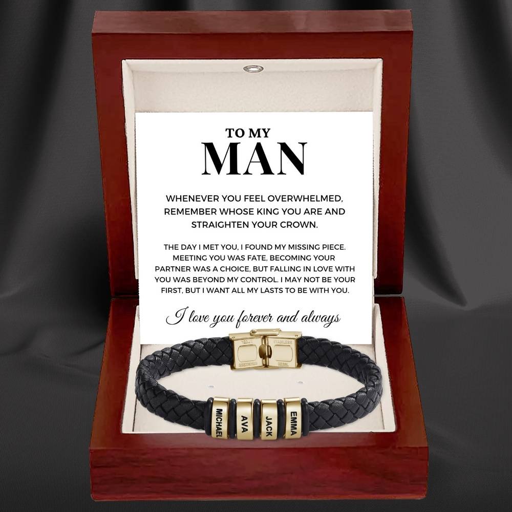 To My Man – Braided Black Leather Bracelet with Engraved Name Beads