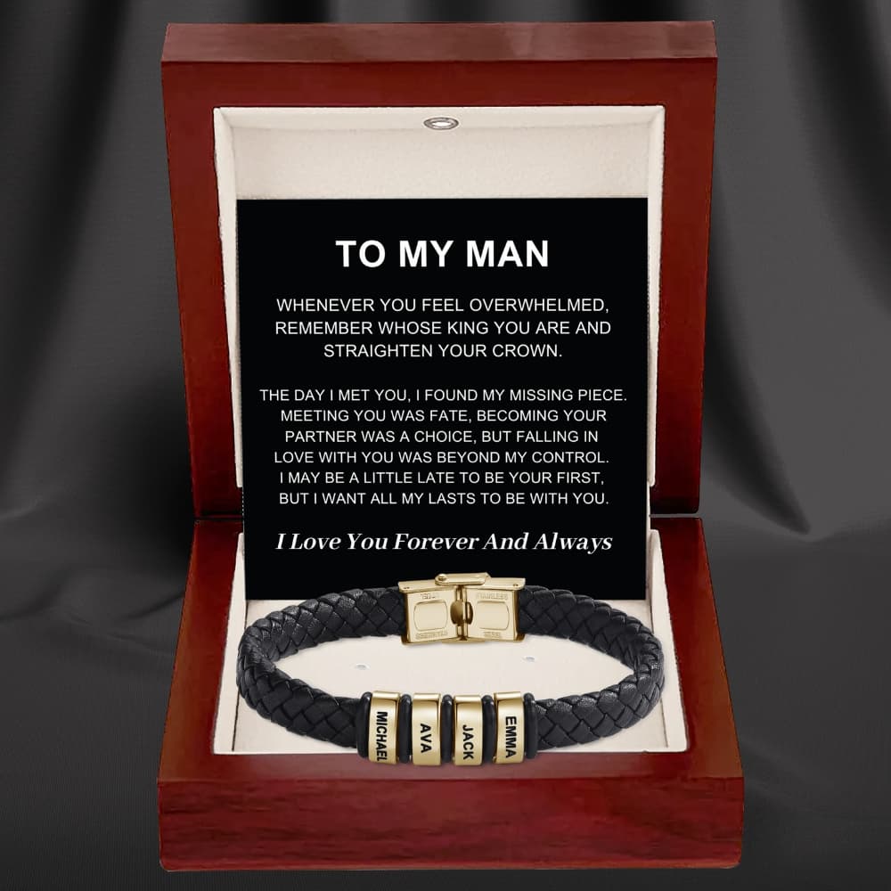 To My Man – Braided Black Leather Bracelet with Engraved Name Beads