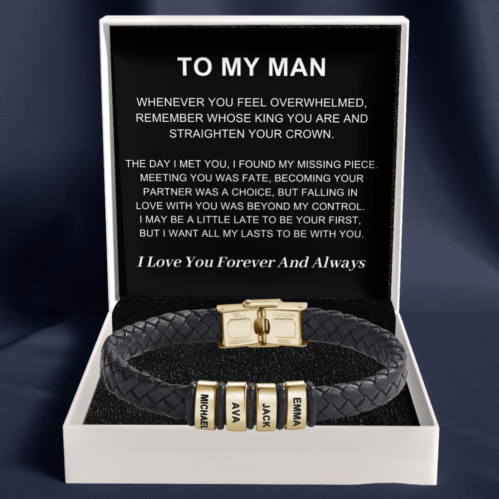 To My Man – Braided Black Leather Bracelet with Engraved Name Beads