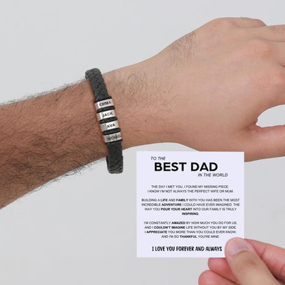 Best Dad in The World – Braided Black Leather Bracelet with Engraved Name Beads