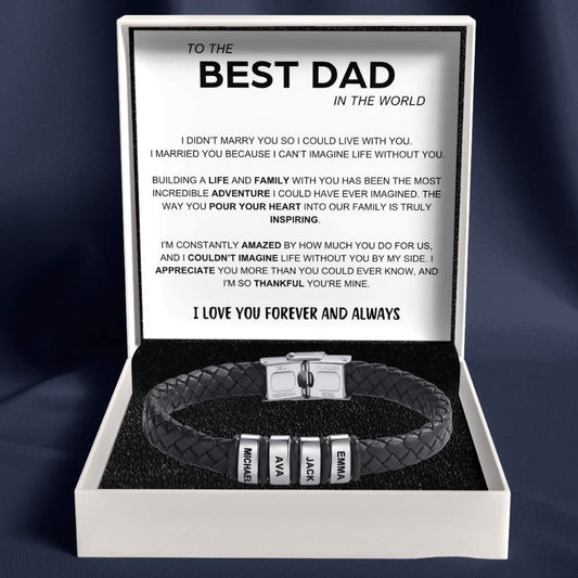 Best Dad in The World – Braided Black Leather Bracelet with Engraved Name Beads