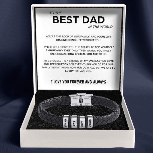Best Dad in The World – Braided Black Leather Bracelet with Engraved Name Beads