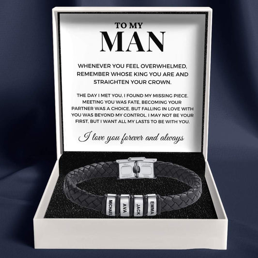 To My Man – Braided Black Leather Bracelet with Engraved Name Beads