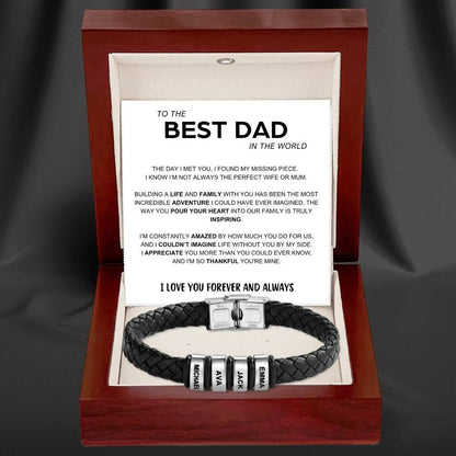 Best Dad in The World – Braided Black Leather Bracelet with Engraved Name Beads