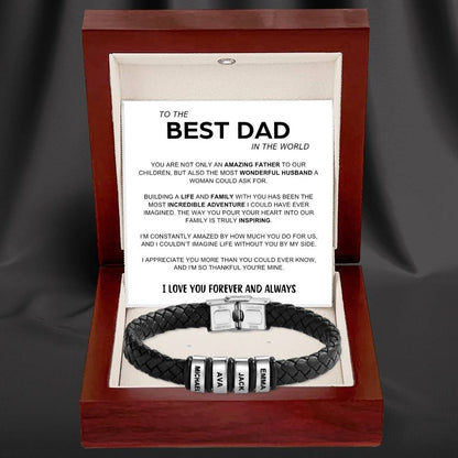 Best Dad in The World – Braided Black Leather Bracelet with Engraved Name Beads