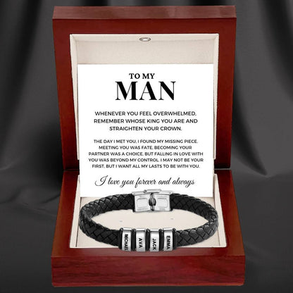To My Man – Braided Black Leather Bracelet with Engraved Name Beads
