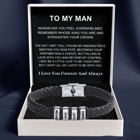 To My Man – Braided Black Leather Bracelet with Engraved Name Beads