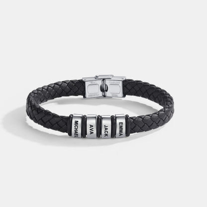 Best Dad in The World – Braided Black Leather Bracelet with Engraved Name Beads