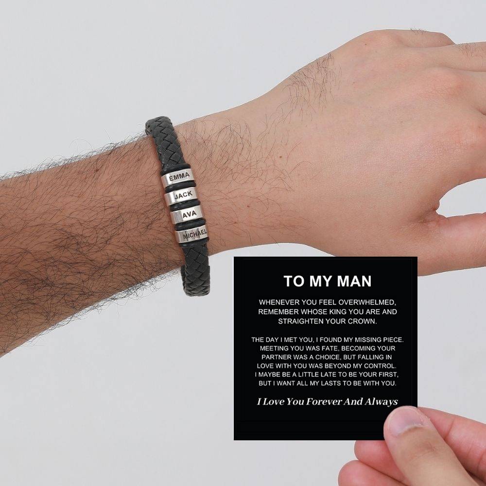 To My Man – Braided Black Leather Bracelet with Engraved Name Beads