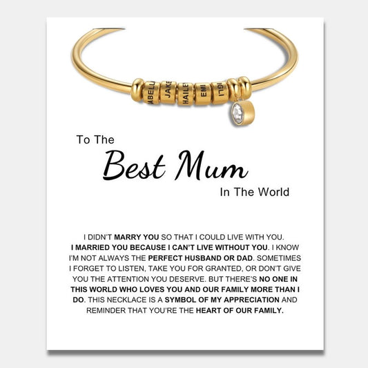 Best Mum In The World - Open Bangle Bracelet with Personalised Name Beads