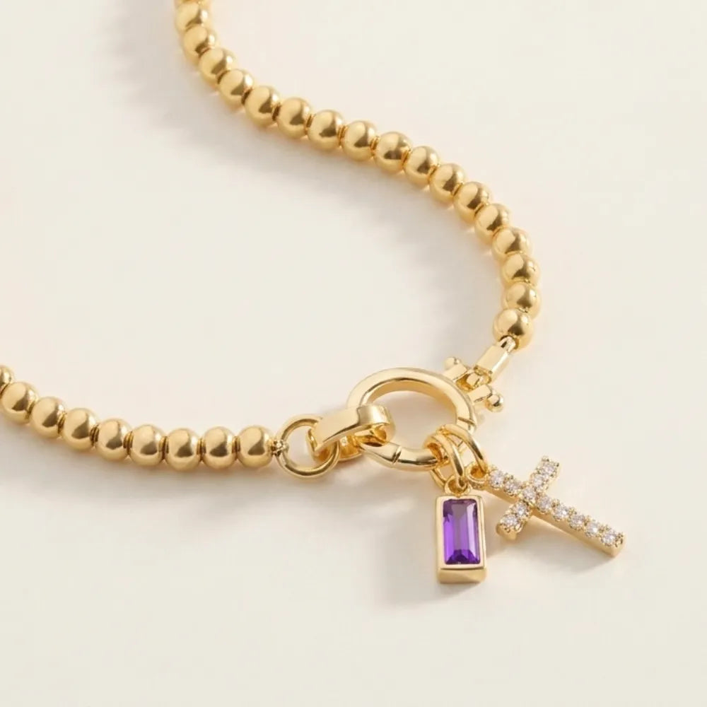 Birthstone Cross Pendant Bead Bracelet