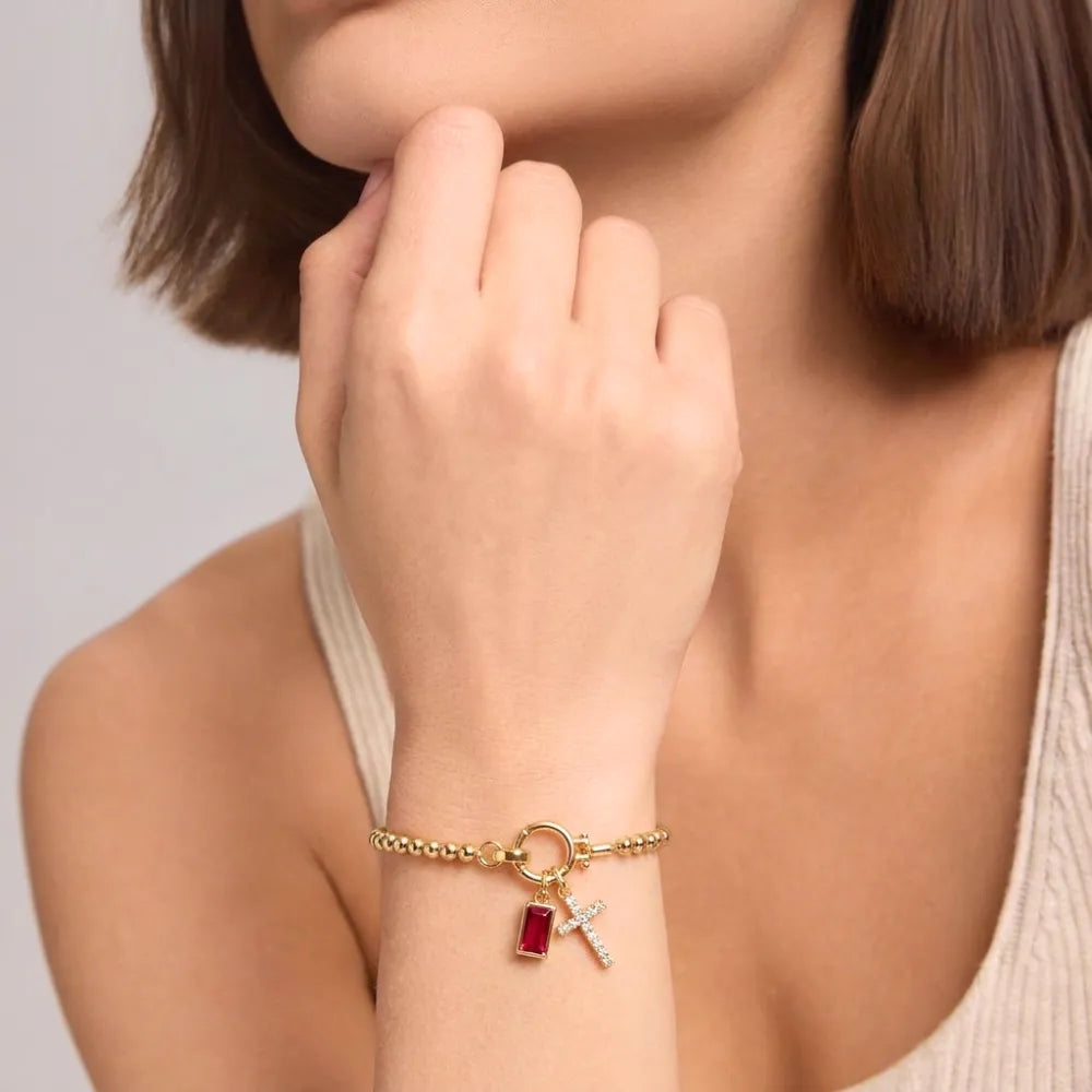 Birthstone Cross Pendant Bead Bracelet