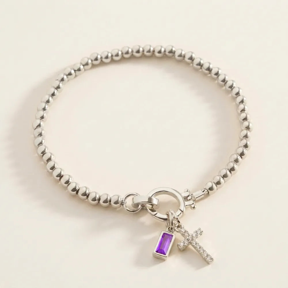 Birthstone Cross Pendant Bead Bracelet