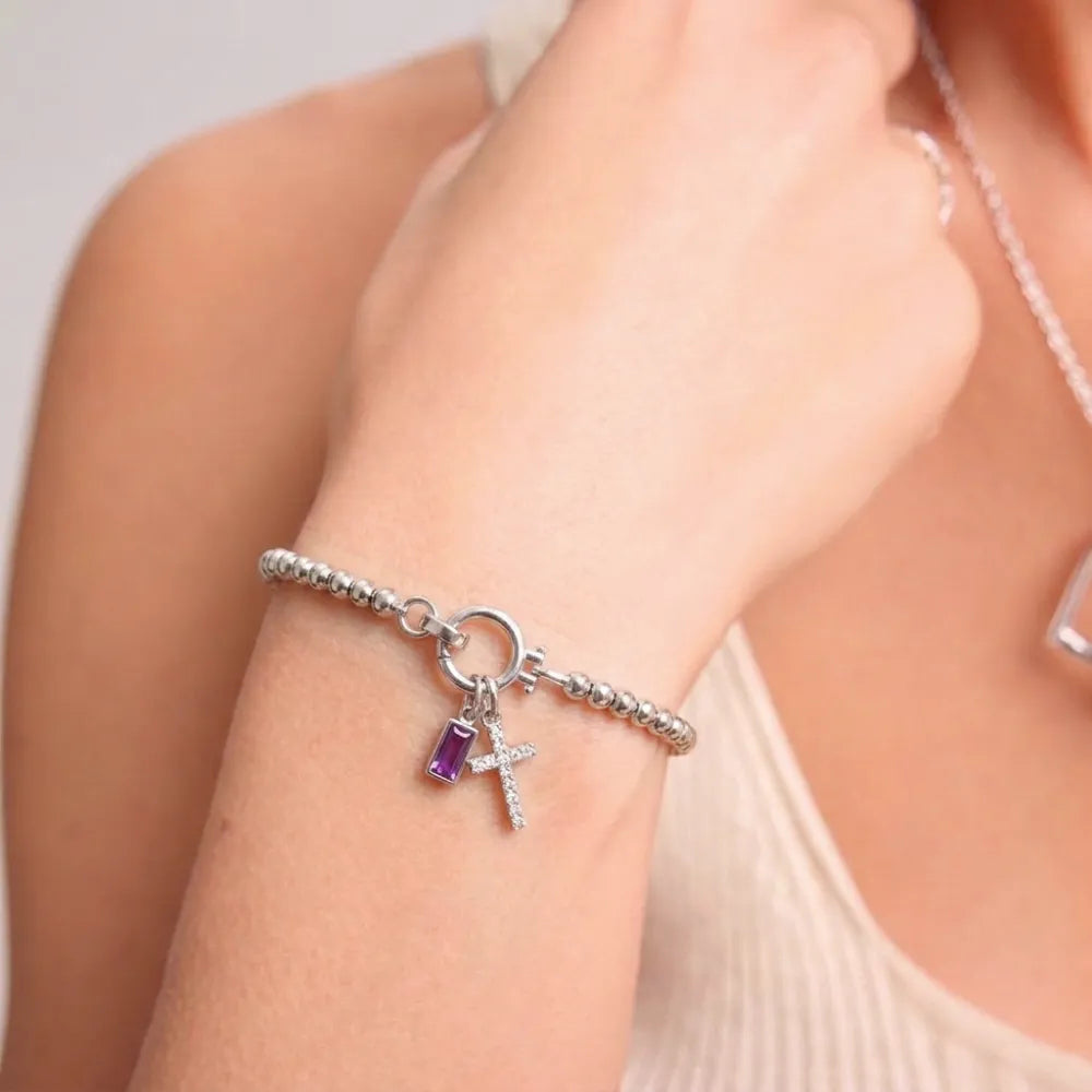 Birthstone Cross Pendant Bead Bracelet
