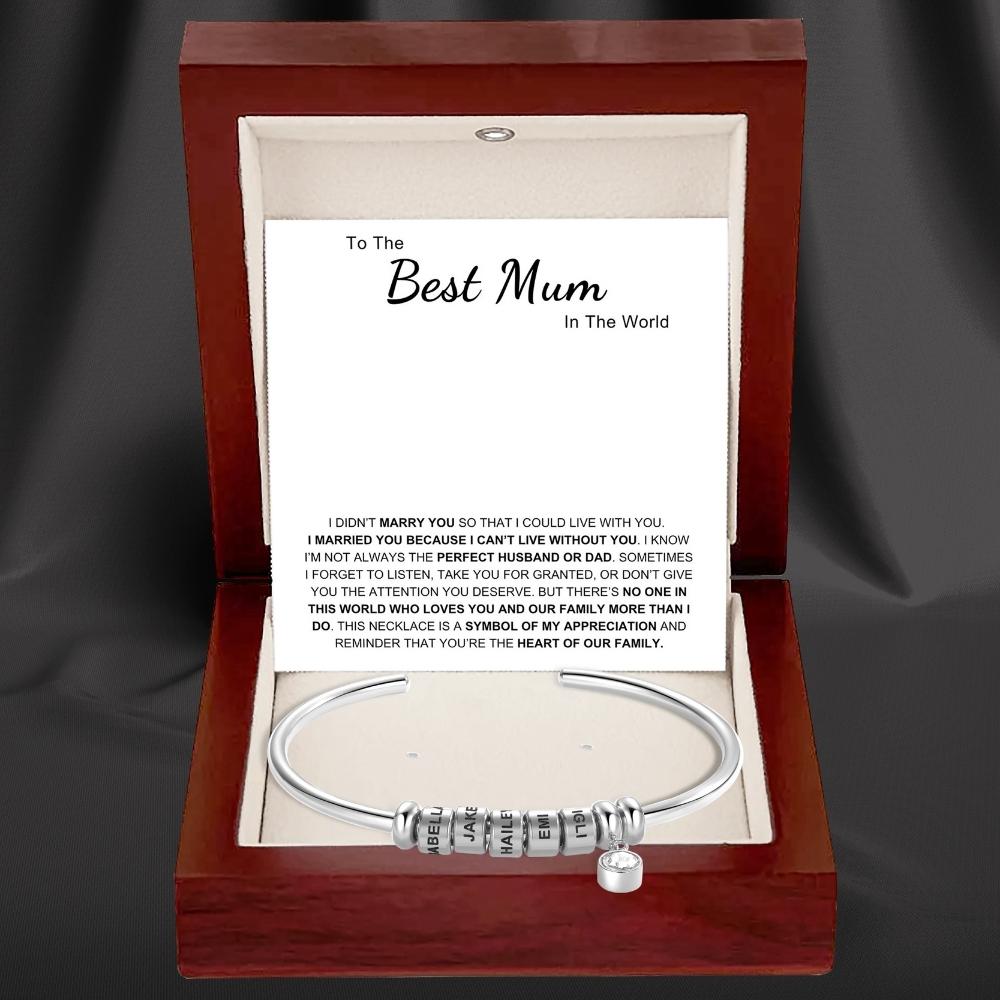 Best Mum In The World - Open Bangle Bracelet with Personalised Name Beads
