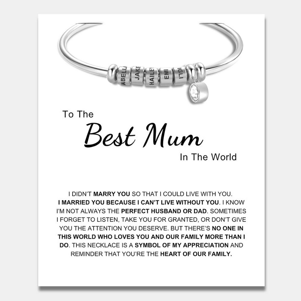 Best Mum In The World - Open Bangle Bracelet with Personalised Name Beads