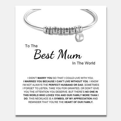 Best Mum In The World - Open Bangle Bracelet with Personalised Name Beads