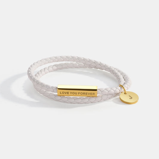 Engraved Leather Bar Bracelet with Initial Charm