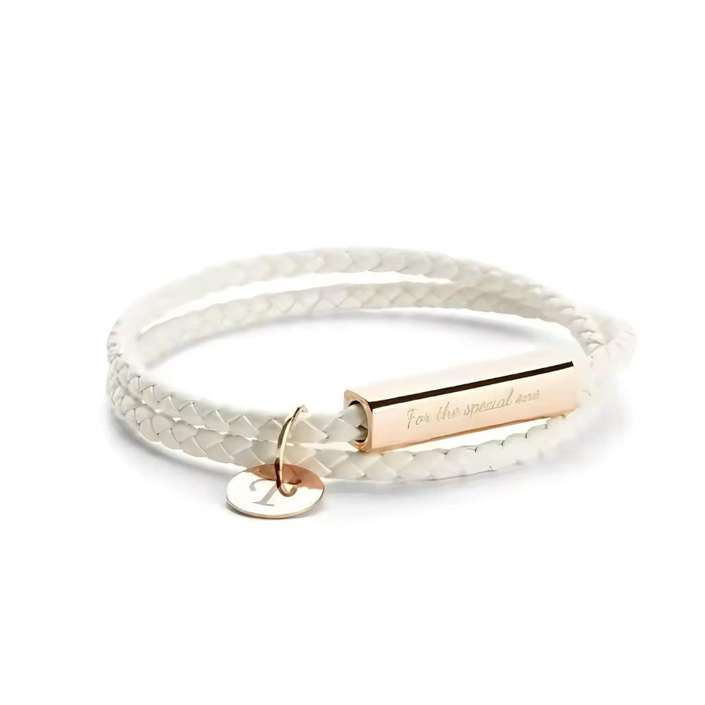 Engraved Leather Bar Bracelet with Initial Charm