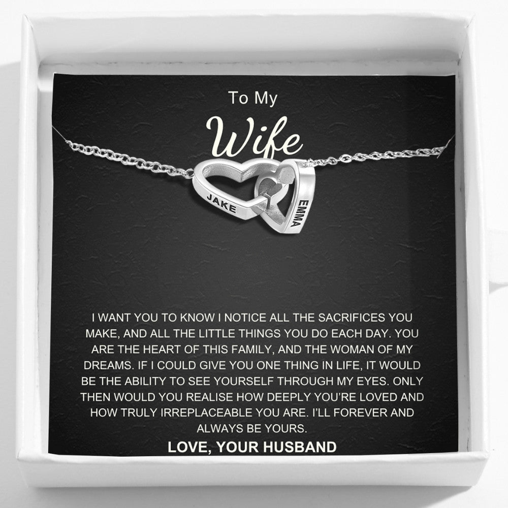 Interlocking Hearts Name Necklace For Wife