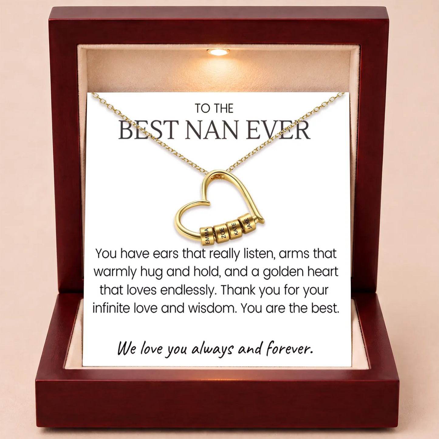 Charming Heart Engraved-Bead Necklace for Grandma