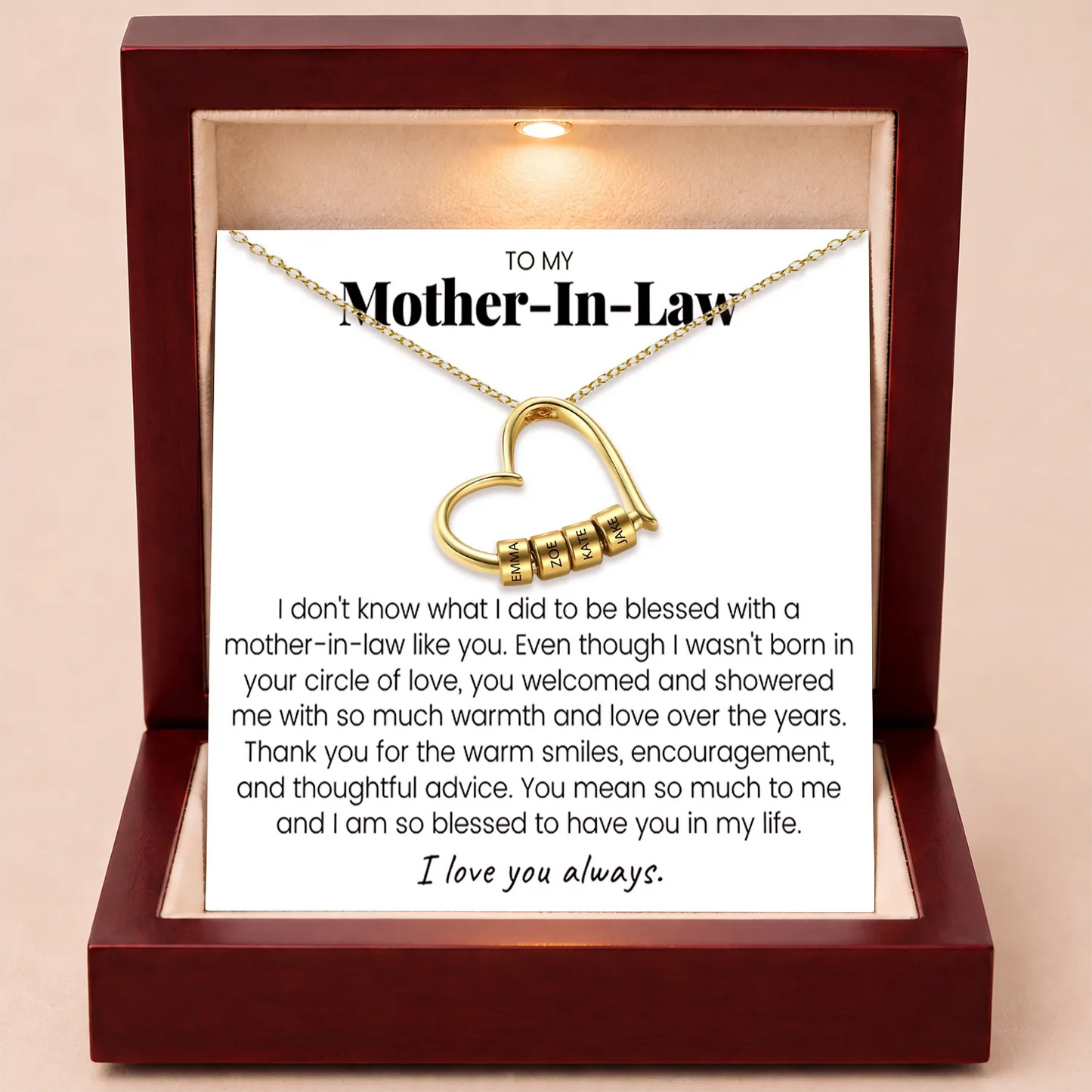 Charming Heart Engraved-Bead Necklace for Mother-in-Law