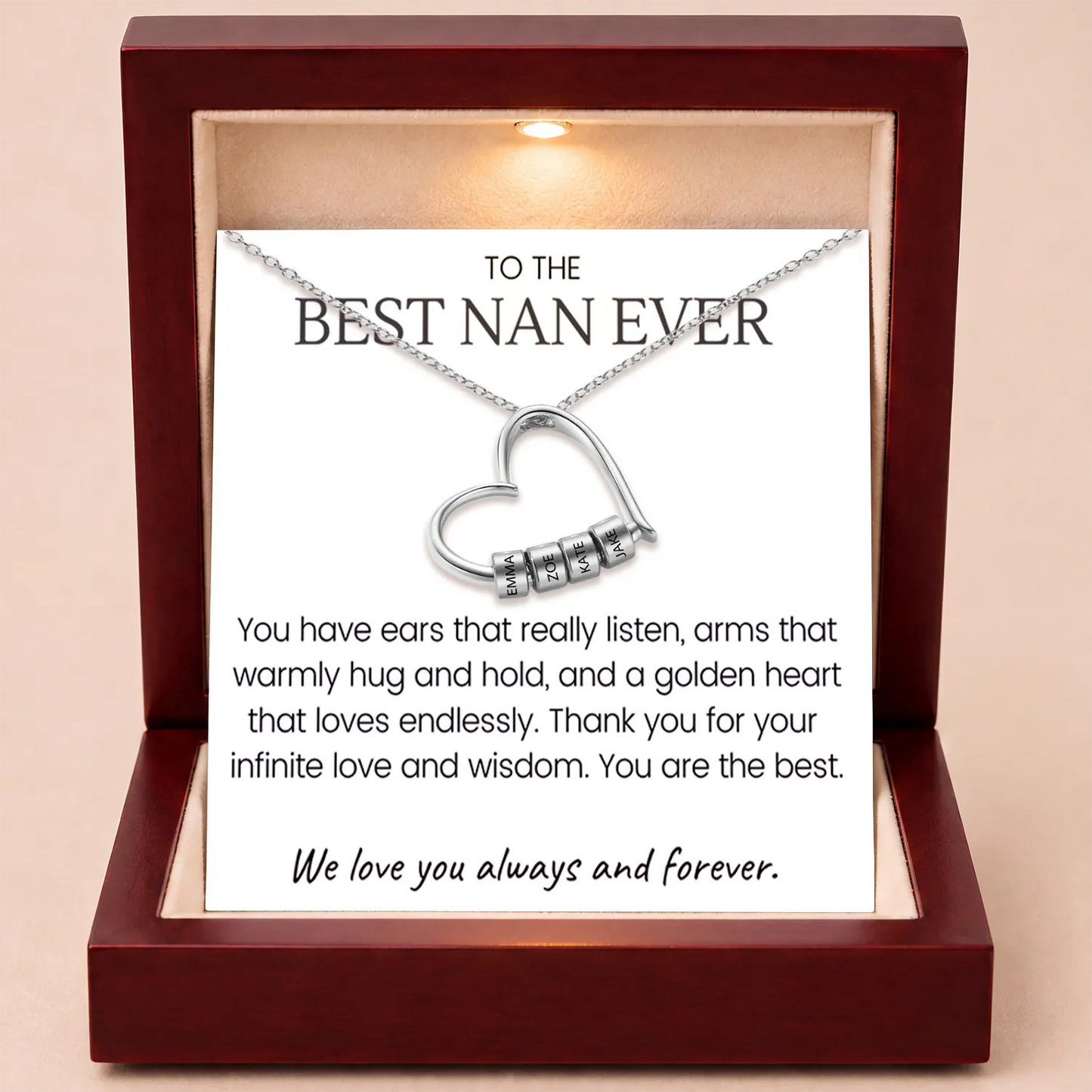 Charming Heart Engraved-Bead Necklace for Grandma