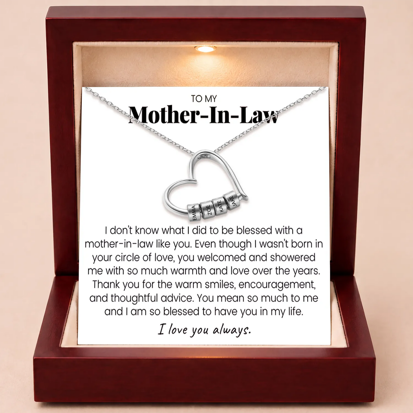 Charming Heart Engraved-Bead Necklace for Mother-in-Law